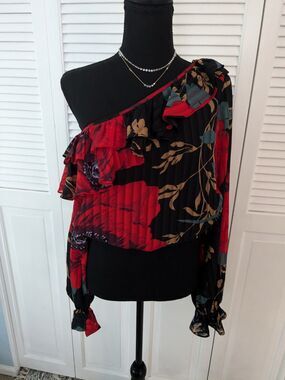 LINI Blouse Women's sz XS Red Floral Chiffon Long Sleeve One-Shoulder Holiday